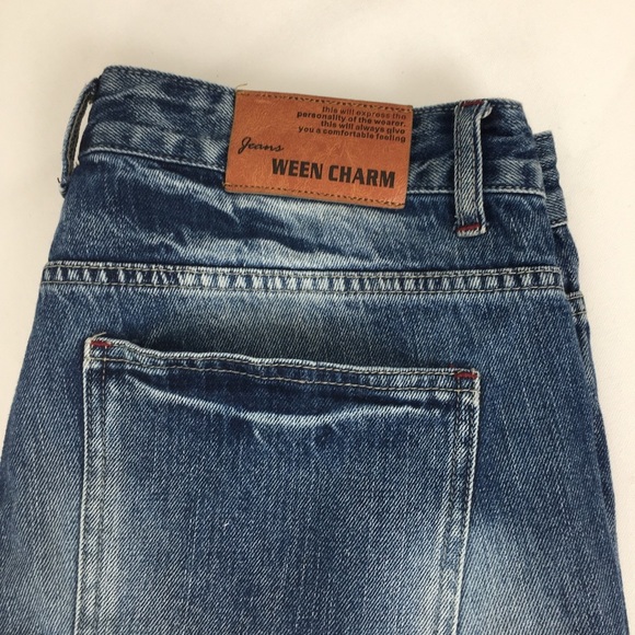 Ween Charm Men’s Distressed Jeans Ripped Blue Denim Size 34 Straight Leg - Picture 7 of 12